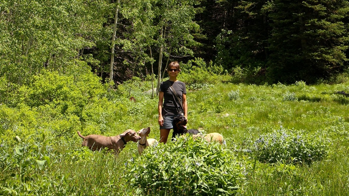 Suzie with dogs on a hike